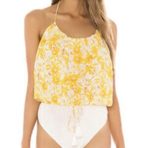 Free People Intimately Liza Floral Bodysuit One Piece Top Ivory Combo Yellow XS